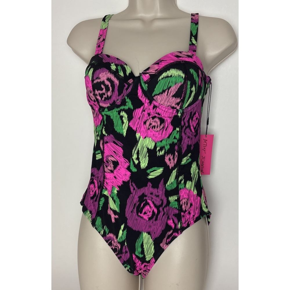 New Betsey Johnson Floral One Piece Swimsuit Balconette Size Medium